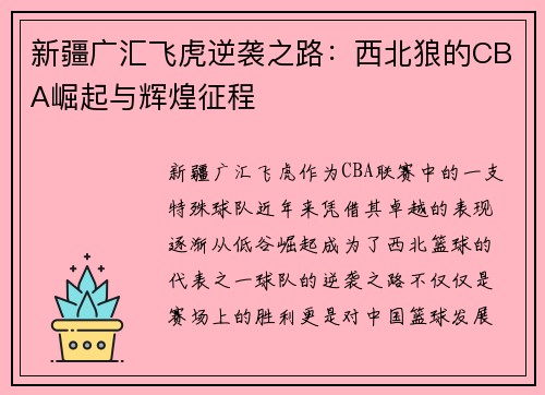 新疆广汇飞虎逆袭之路：西北狼的CBA崛起与辉煌征程